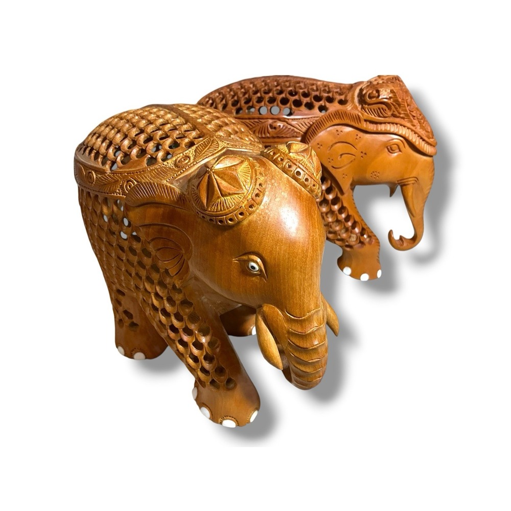 2 Vintage Hand Carved Wood Wooden Elephants with Baby Elephant Inside Tusks Two